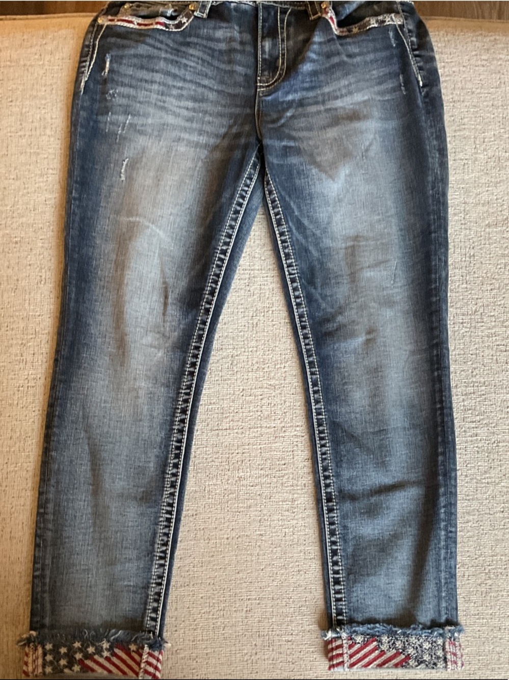Miss Me Ankle Skinny Embellished USA Red White Blue Bling Jeans 32 Patriotic - Picture 11 of 13
